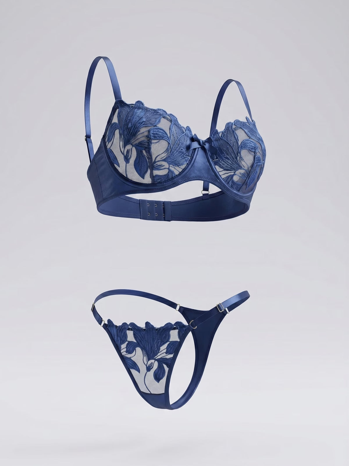 Blue Floral Lingerie Set - Underwire Bra & Thong for Elegance and Comfort