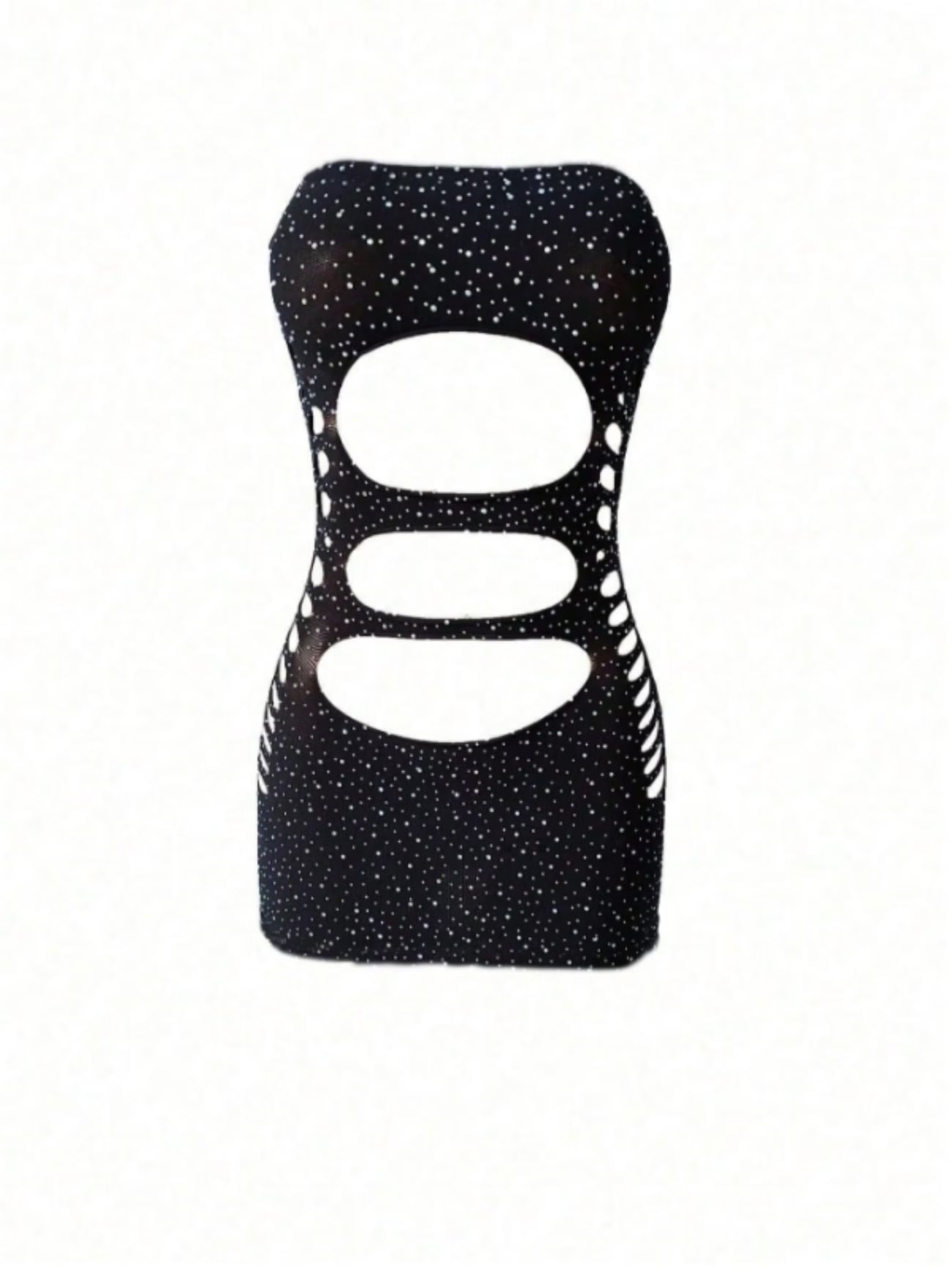 bikinisexzy black rhinestone cutout bodycon mini dress flat lay – strapless hollow-out fishnet festival dress