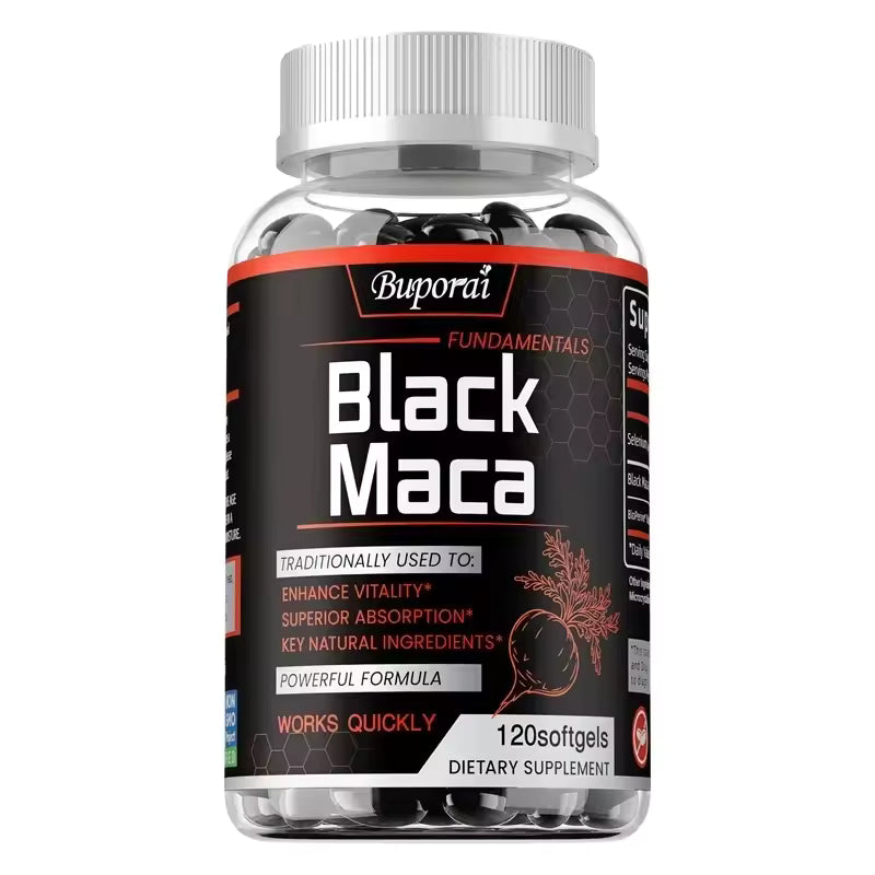 Bottle of Buporai Black Maca 120 softgels dietary supplement available at Bikinisexzy