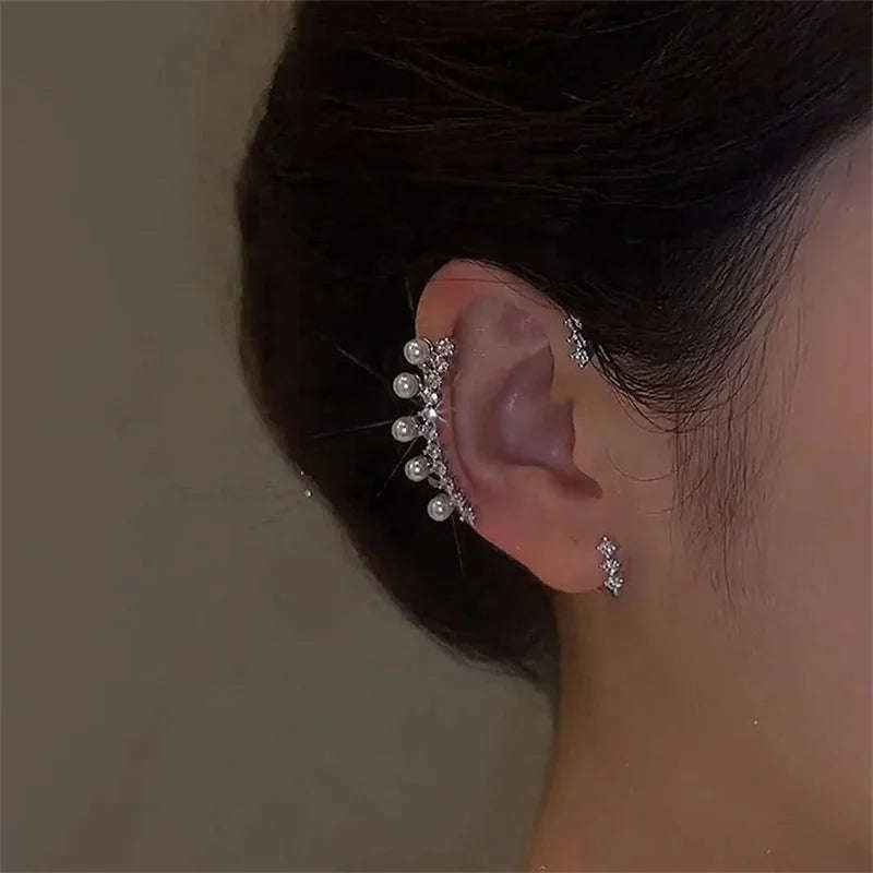 Silver Pearl Ear Cuff - Vintage Crystal Zircon Ear Clip, No Piercing Required Fashion Jewelry for Women - Bikinisexzy.com