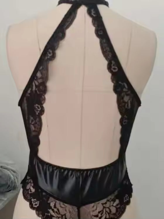 Sexy Lace Bodysuit – PU Patent Leather & Lace One-Piece Romper for Women | Bikinisexzy.com - Bikinisexzy.com