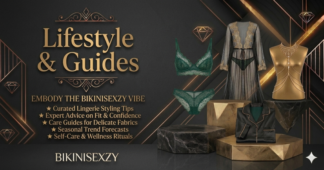 A luxury curated guide to lingerie styling and wellness for BikiniSexzy, showcasing lace and satin sets against a gold-accented marble backdrop."