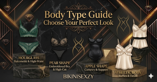 Body type lingerie guide by BikiniSexzy, providing expert styling advice for hourglass, pear, apple, and athletic body shapes to help find the perfect fit and enhance confidence