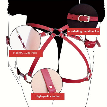 Red leather harness with metal buckle on a bikinisexzy 