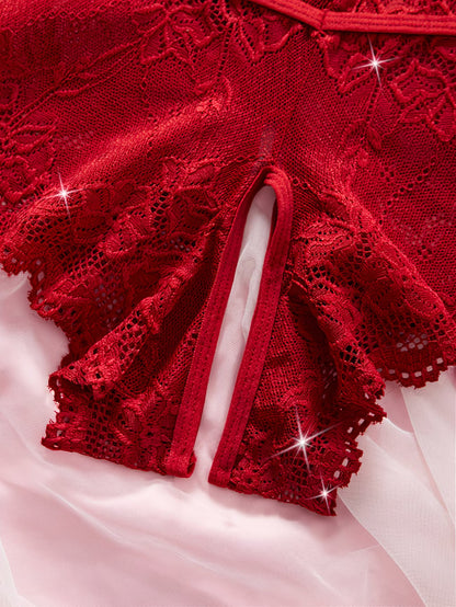 Floral Lace Sexy Lingerie Set – Hollow Bow Bra & Open Crotch Panties | Bikinisexzy