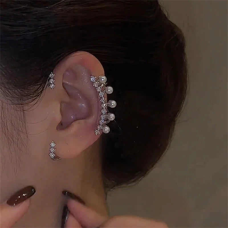 Silver Pearl Ear Cuff - Vintage Crystal Zircon Ear Clip, No Piercing Required Fashion Jewelry for Women - Bikinisexzy.com