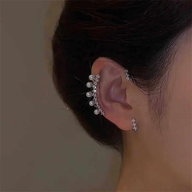 Silver Pearl Ear Cuff - Vintage Crystal Zircon Ear Clip, No Piercing Required Fashion Jewelry for Women - Bikinisexzy.com