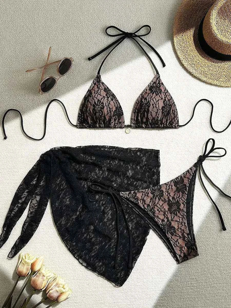 3-Piece Halter Bikini Set | Mesh Sarong Lace High-Cut Swimwear | BIKINISEXZY - Bikinisexzy.com