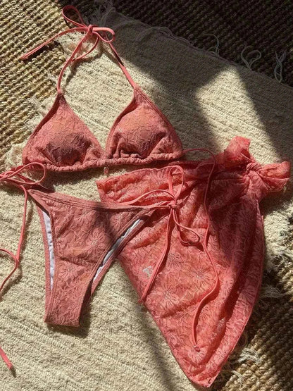 3-Piece Halter Bikini Set | Mesh Sarong Lace High-Cut Swimwear | BIKINISEXZY - Bikinisexzy.com