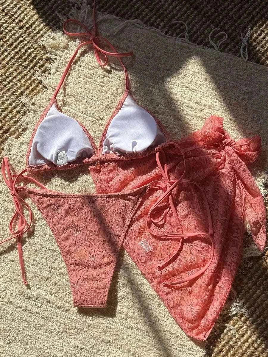3-Piece Halter Bikini Set | Mesh Sarong Lace High-Cut Swimwear | BIKINISEXZY - Bikinisexzy.com