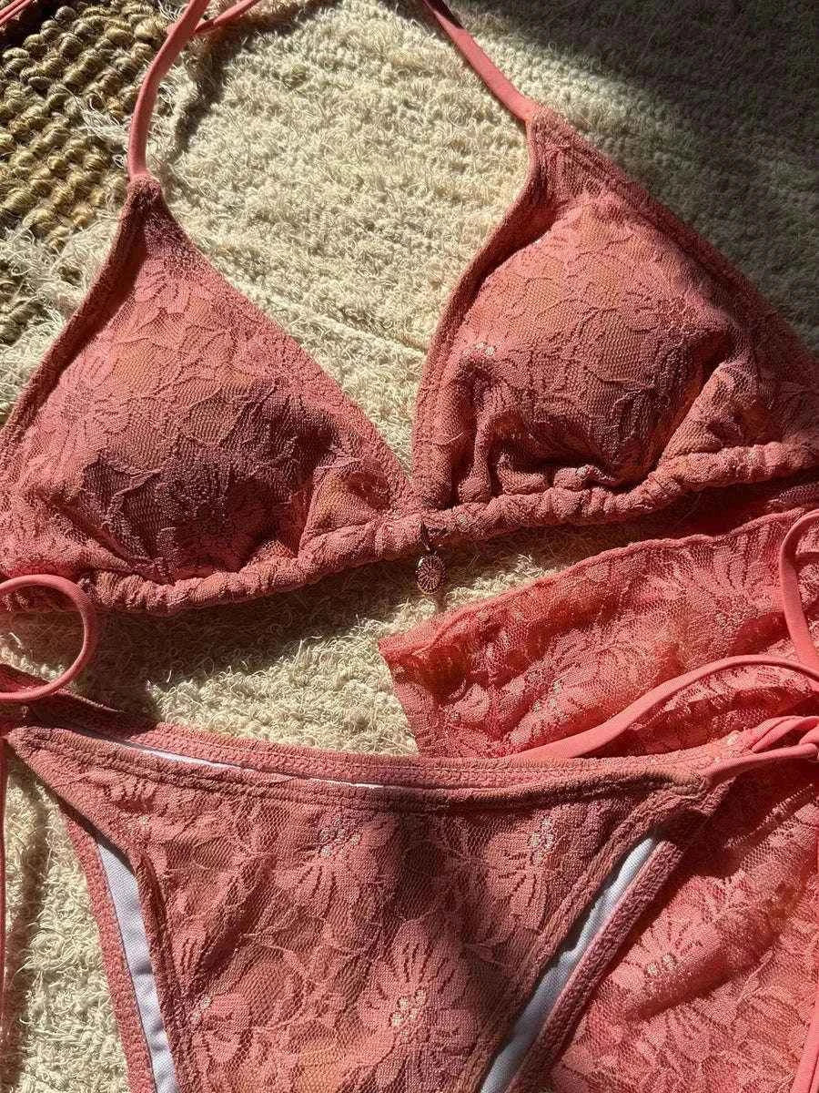 3-Piece Halter Bikini Set | Mesh Sarong Lace High-Cut Swimwear | BIKINISEXZY - Bikinisexzy.com