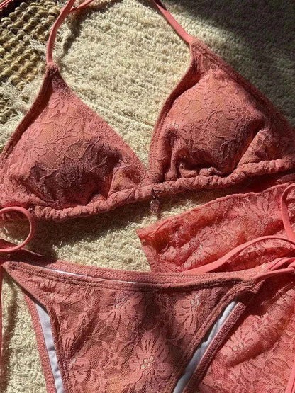 3-Piece Halter Bikini Set | Mesh Sarong Lace High-Cut Swimwear | BIKINISEXZY - Bikinisexzy.com