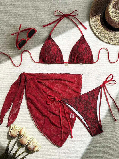3-Piece Halter Bikini Set | Mesh Sarong Lace High-Cut Swimwear | BIKINISEXZY - Bikinisexzy.com