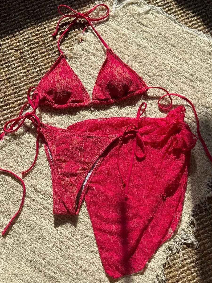 3-Piece Halter Bikini Set | Mesh Sarong Lace High-Cut Swimwear | BIKINISEXZY - Bikinisexzy.com