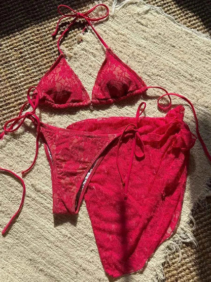 3-Piece Halter Bikini Set | Mesh Sarong Lace High-Cut Swimwear | BIKINISEXZY - Bikinisexzy.com