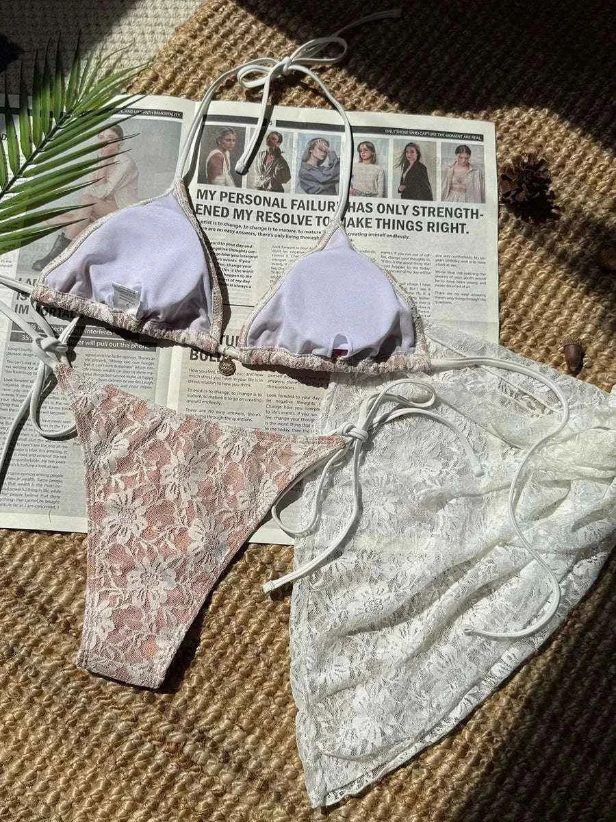 3-Piece Halter Bikini Set | Mesh Sarong Lace High-Cut Swimwear | BIKINISEXZY - Bikinisexzy.com