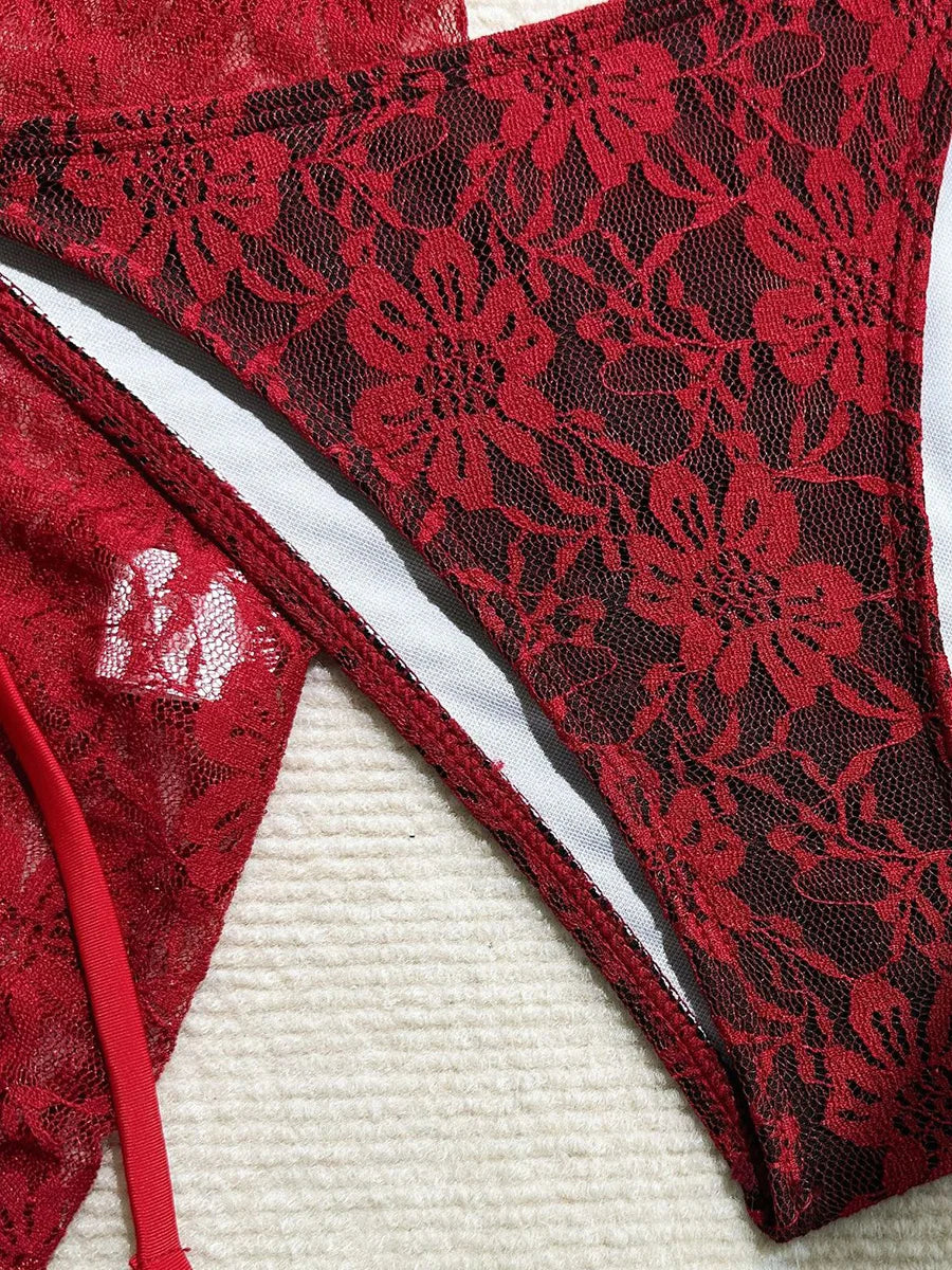 Red lace lingerie set on a textured white surface,BIKINISEXZY summer beachwear collection 3-piece set