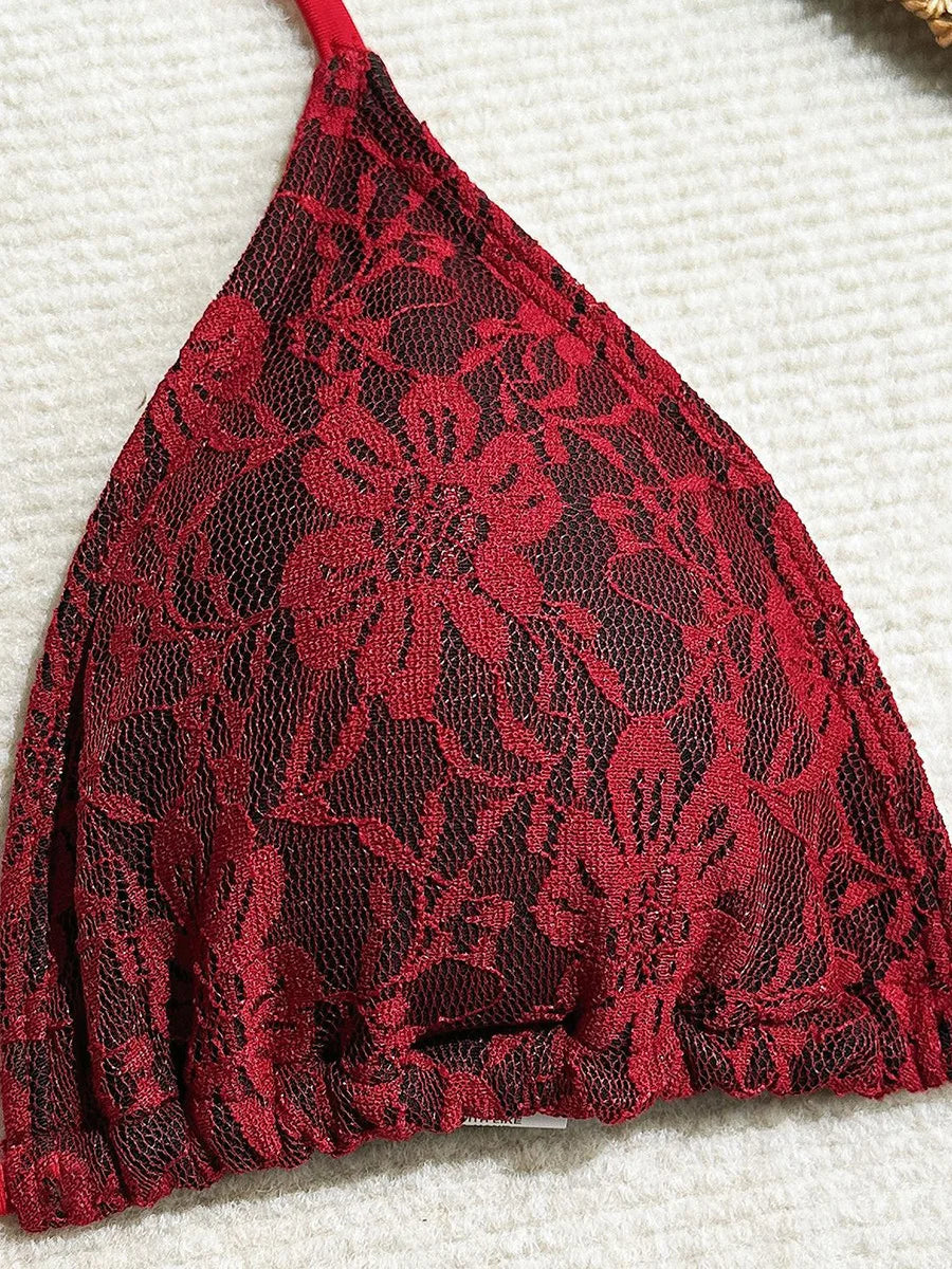 Red lace bralette on a textured white background,BIKINISEXZY summer beachwear collection 3-piece set