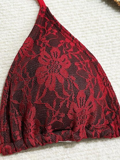 Red lace bralette on a textured white background,BIKINISEXZY summer beachwear collection 3-piece set