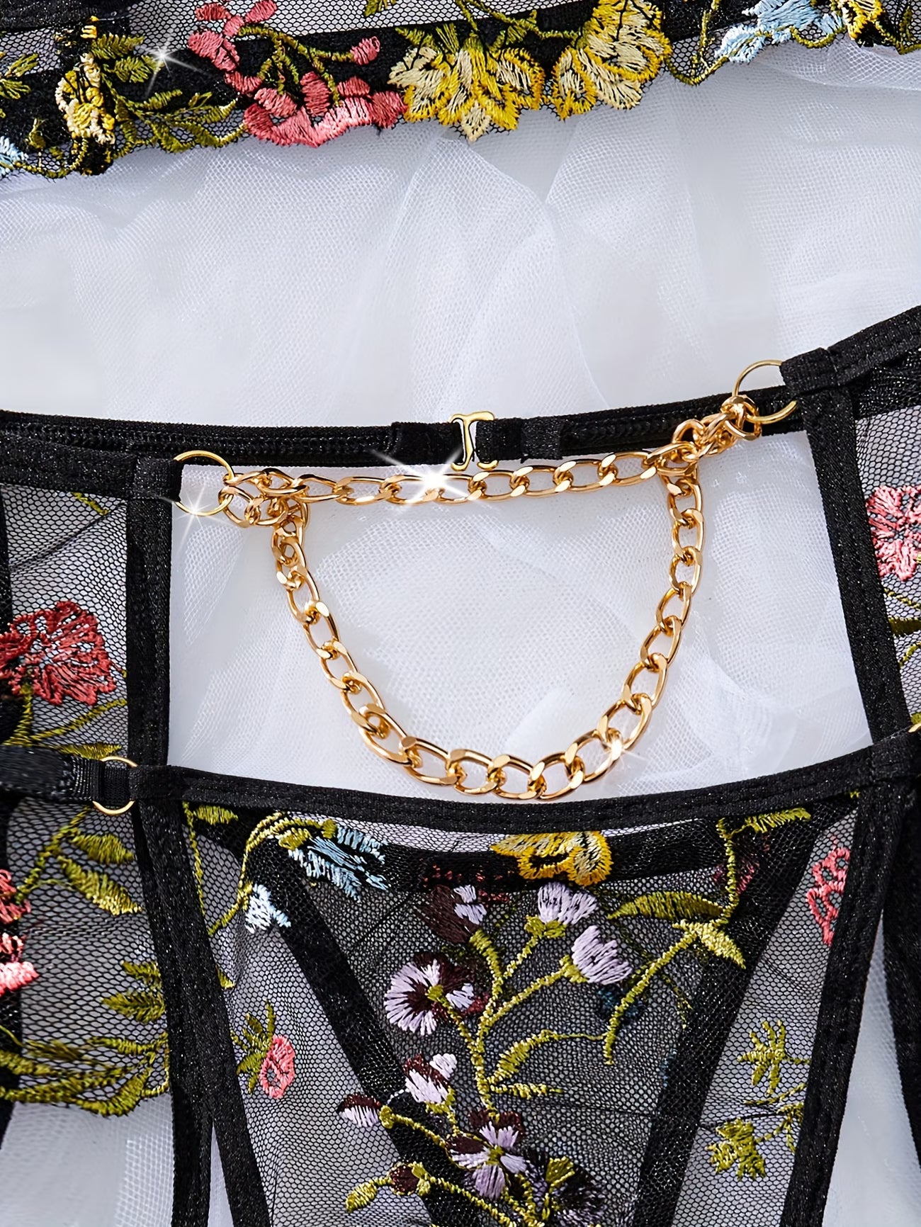 Bikinisexzy Black lace lingerie with floral embroidery and gold chain details 