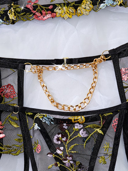 Bikinisexzy Black lace lingerie with floral embroidery and gold chain details 