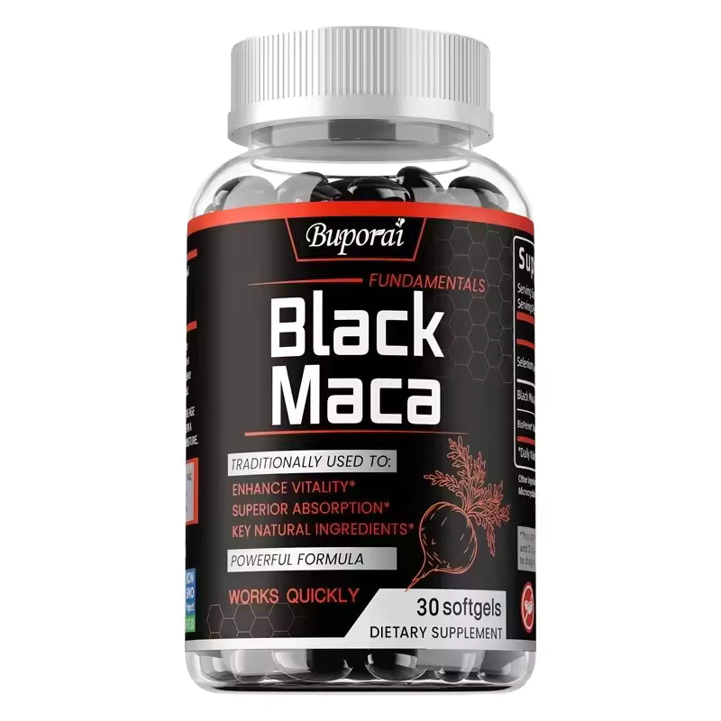 Bottle of Buporai Black Maca 30 softgels dietary supplement available at Bikinisexzy 