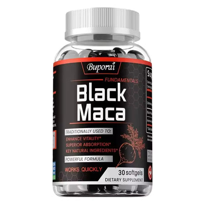 Bottle of Buporai Black Maca 30 softgels dietary supplement available at Bikinisexzy 