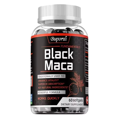 Bottle of Buporai Black Maca 60 softgels dietary supplement available at Bikinisexzy 