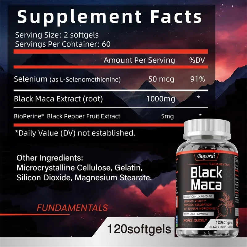Supplement facts label for Buporai Black Maca 1000mg with BioPerine and selenium Of Bikinisexzy 