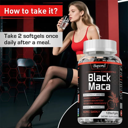 Infographic of Black Maca benefits including energy production, mood support, and blood circulation.Available at Bikinisexzy 