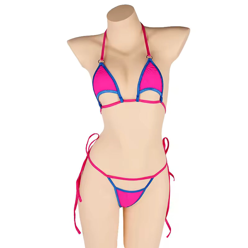Model in pink and white two-piece Bikinisexzy cut-out swimsuit.