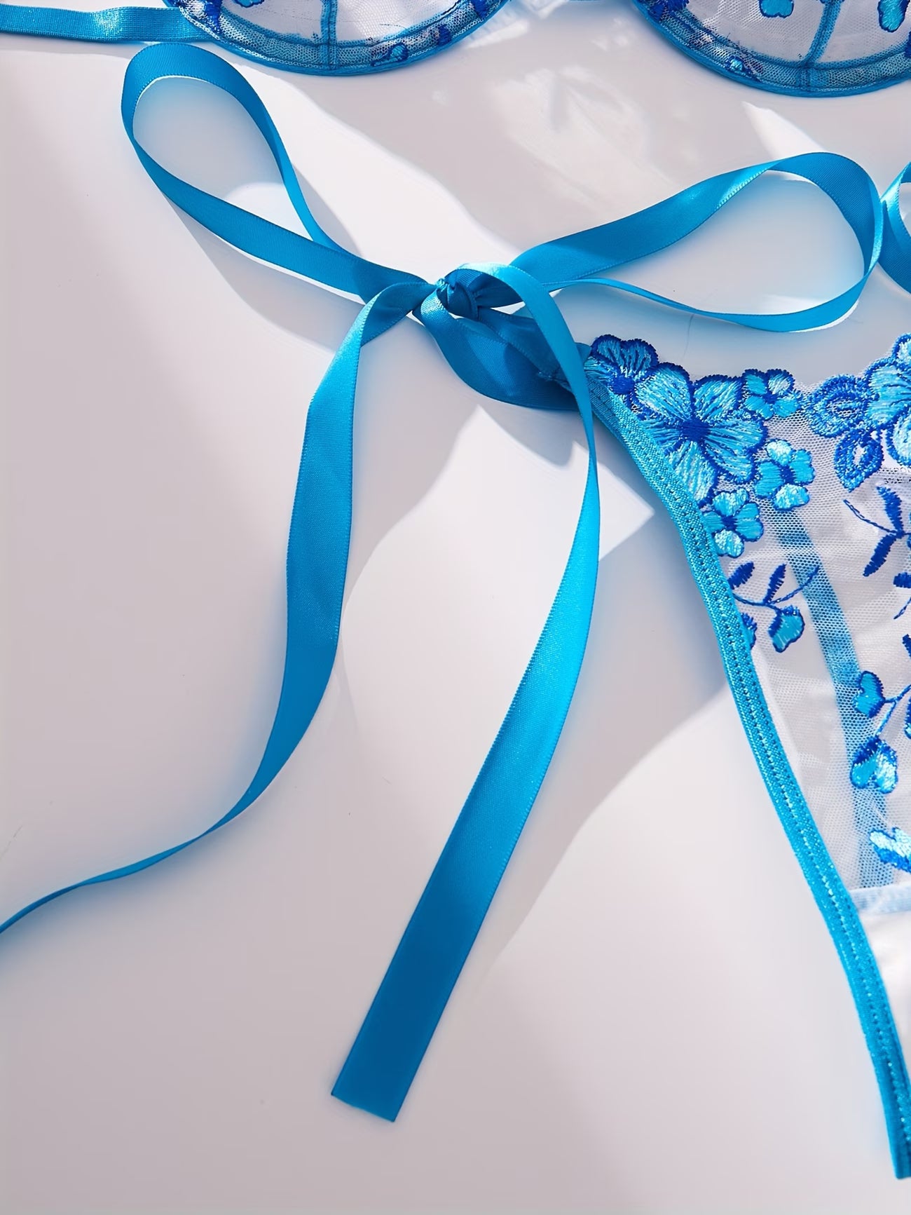 bikinisexzy Valentine's Day blue embroidered floral bra and thong set with tassel waistband