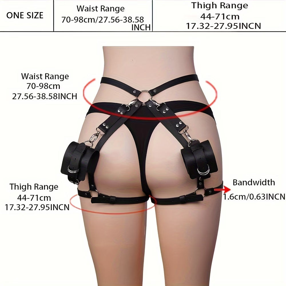 Black harness with measurement details on a bikinisexzy 