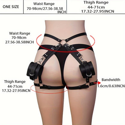 Black harness with measurement details on a bikinisexzy 
