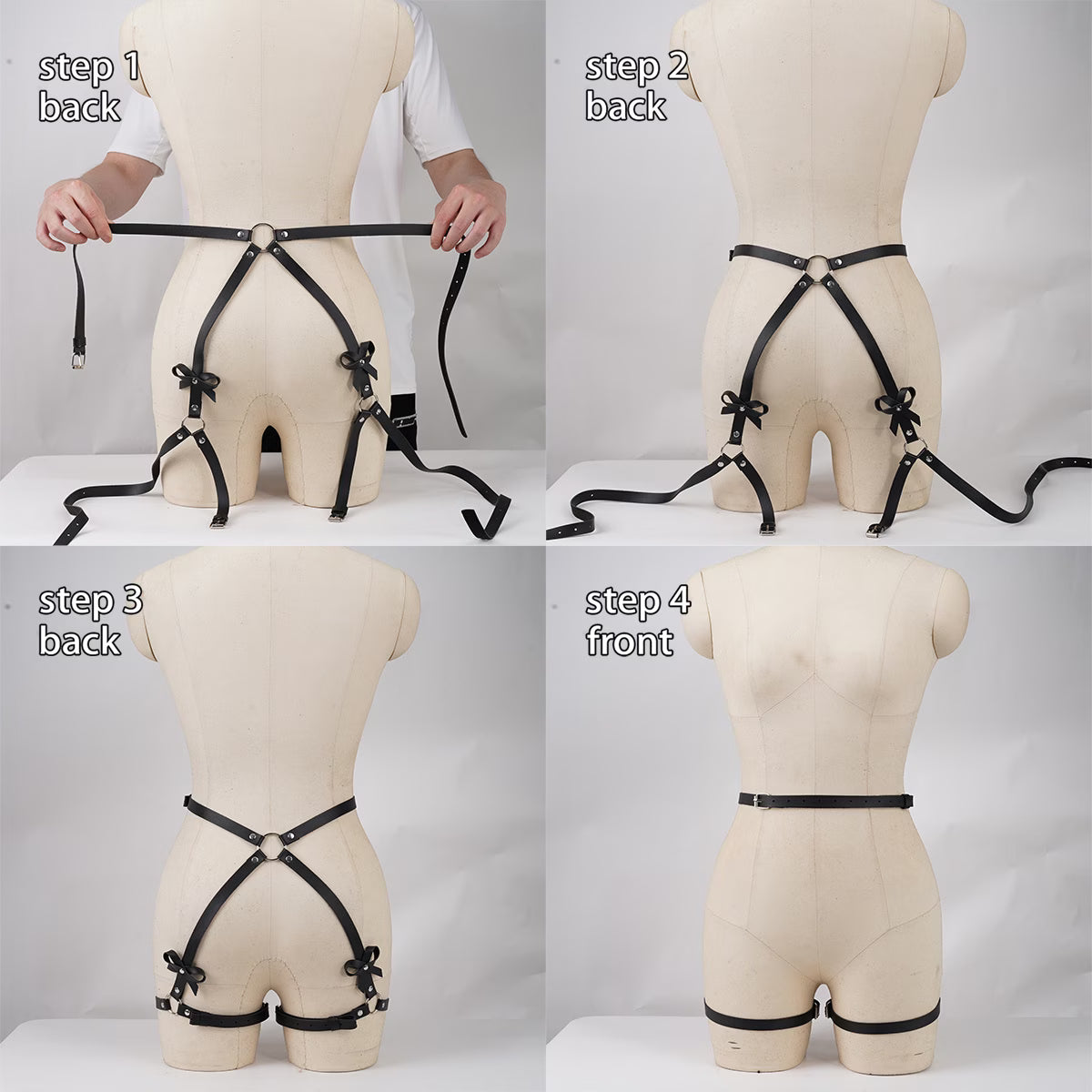 Bikinisexzy Step-by-step guide on how to put on a black harness on a mannequin.