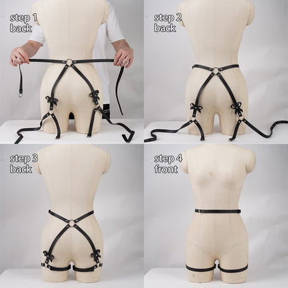 Bikinisexzy Step-by-step guide on how to put on a black harness on a mannequin.