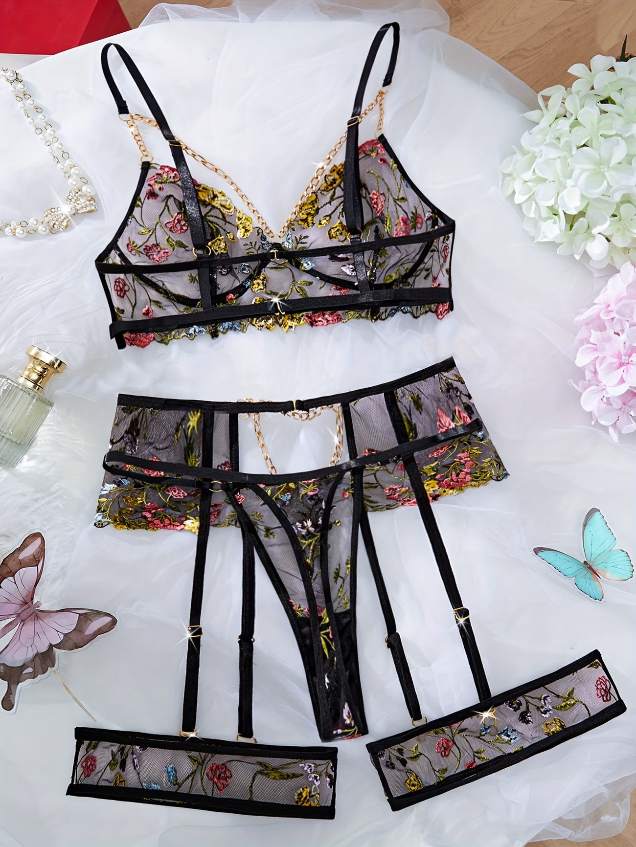 bikinisexzy multicolor floral embroidered sexy lingerie set with golden chain garter