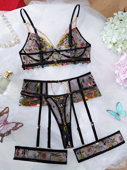 bikinisexzy multicolor floral embroidered sexy lingerie set with golden chain garter
