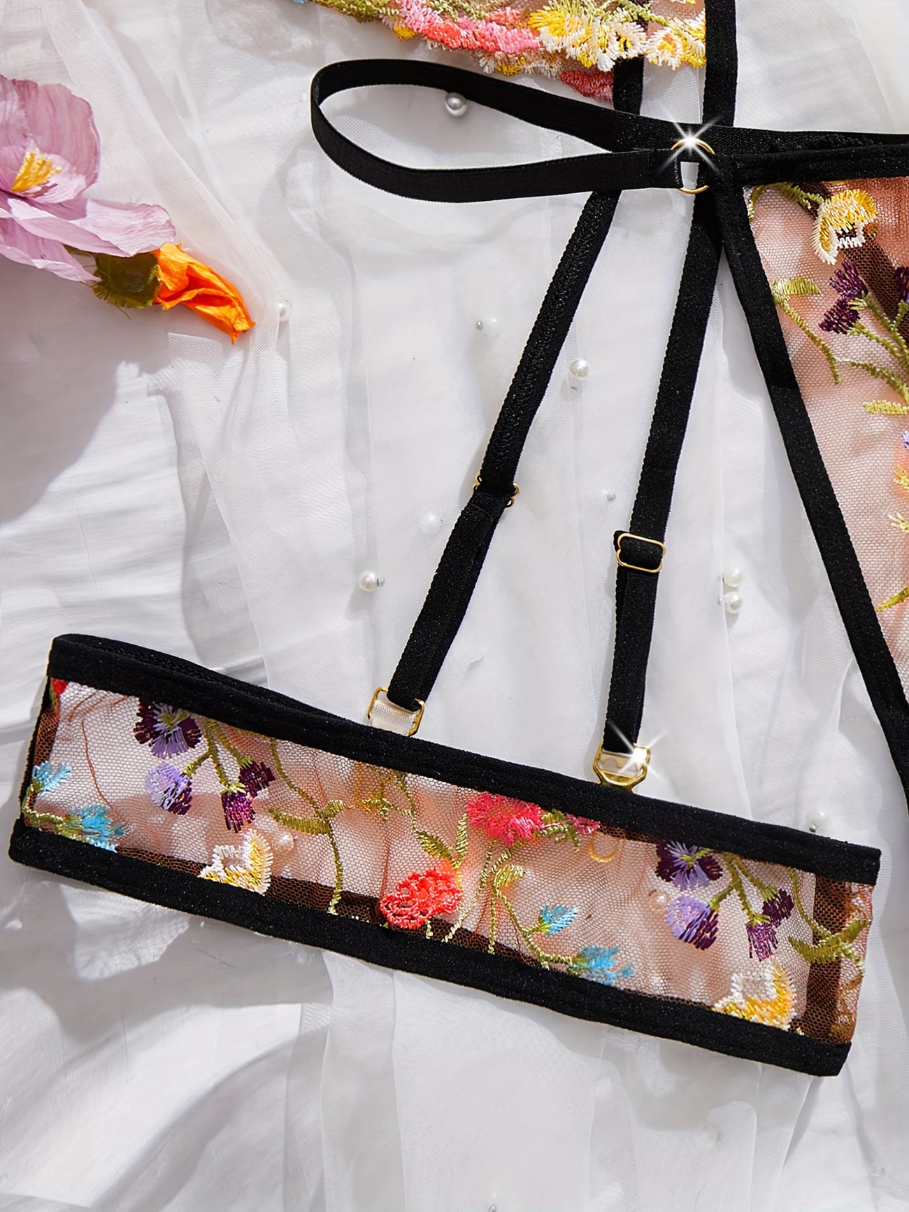 bikinisexzy 5pcs sheer floral lingerie set – embroidered bra thong and garter belt black detail
