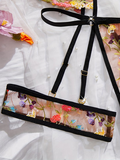bikinisexzy 5pcs sheer floral lingerie set – embroidered bra thong and garter belt black detail