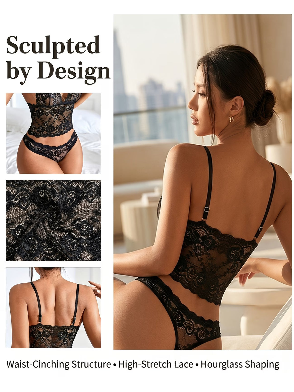 Aria black transparent lace push-up bra and low-cut panty set front view - BBikinisexzy | Bikinisexzy.com
