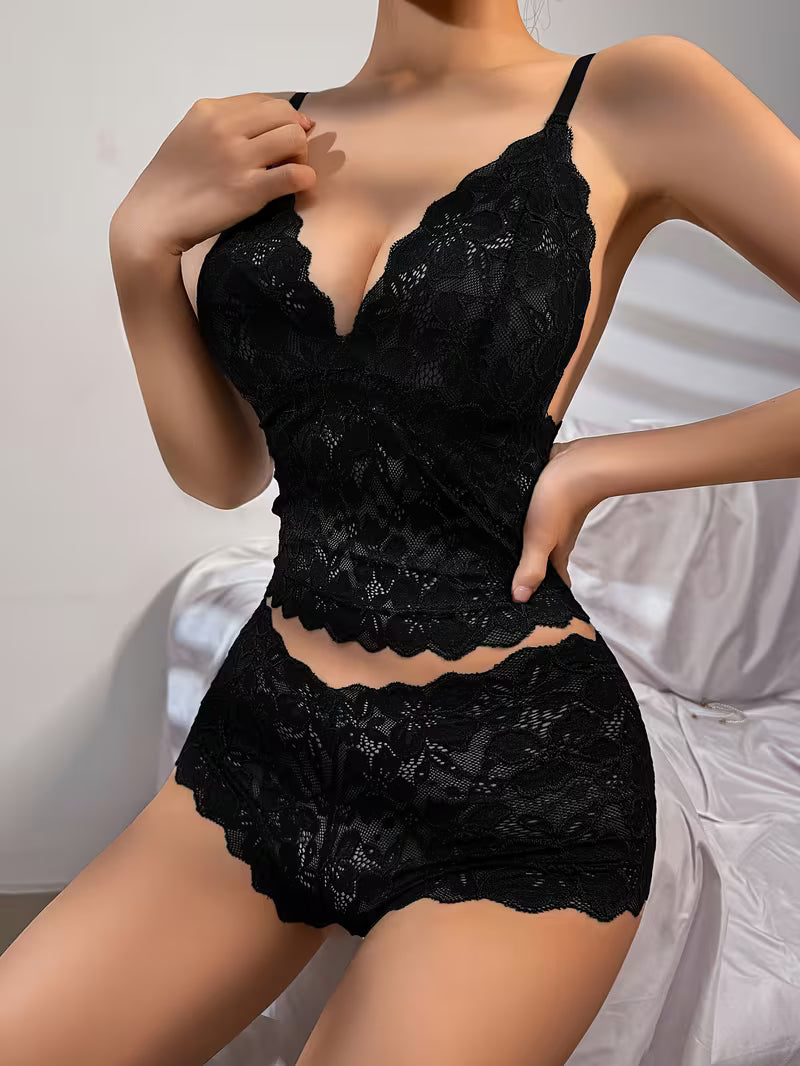 Full length view of two-piece black floral lace lingerie set featuring strapless design option | Black lace lingerie set on a neutral background