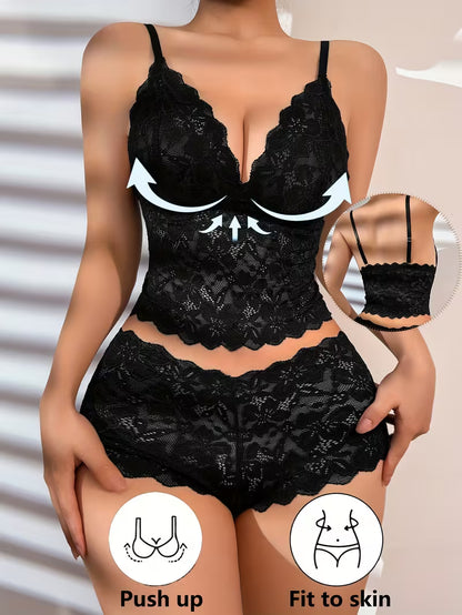 Standing front pose showcasing intricate floral lace detailing on black bralette top and boyshorts | Black lace lingerie set with push-up feature on a neutral background