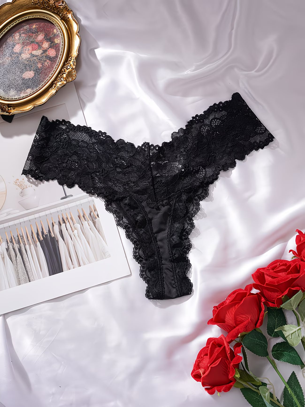 Bikinisexzy Black Lace Thong Panties – Close-Up Floral Lace Waistband Detail