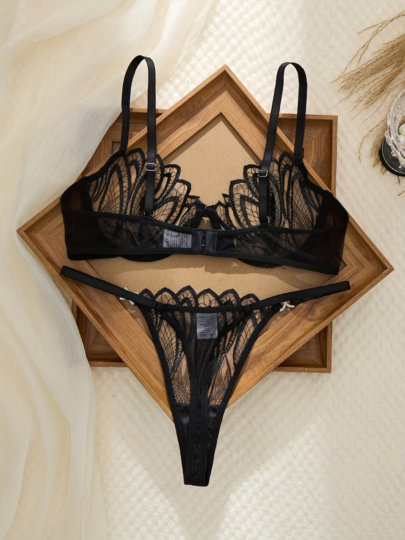 bikinisexzy black lingerie set rhinestone heart-shaped clasp detail close-up