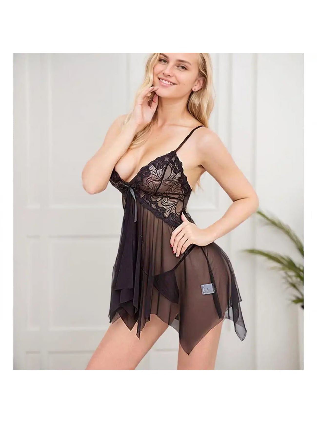 Black V-neck babydoll chemise with floral embroidered lace bodice and semi-sheer ruffle skirt – bikinisexzy romantic nightwear