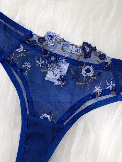 Detail view of blue floral embroidered mesh thong panty – Bikinisexzy
