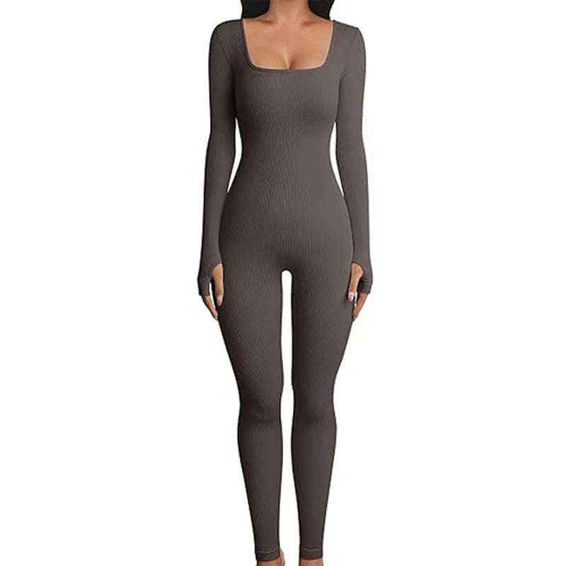 Women's brown Yoga Jumpsuit - Seamless Long-Sleeve Design for Ultimate Comfort - Bikinisexzy.com