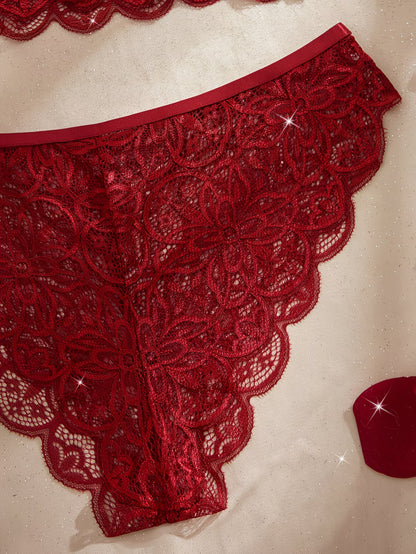Burgundy lace mid-rise brief with scalloped hem and satin waistband – Bikinisexzy
