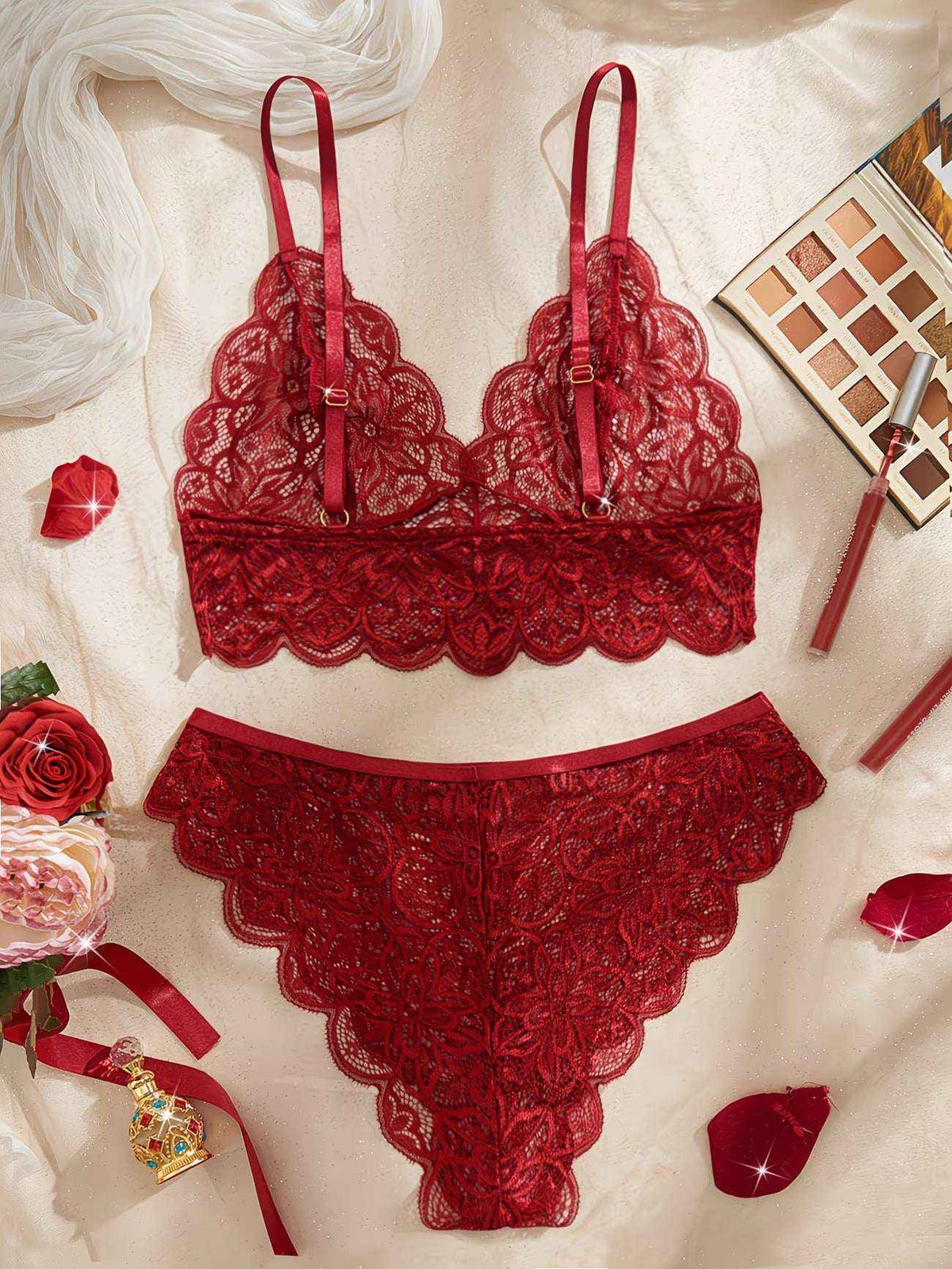 2pcs Lace Floral Bra and Brief Set – Green & Burgundy | Bikinisexzy